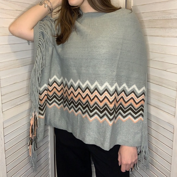 Jade Chevron Print Metallic Light Gray Brown and Pink Fringe Winter Poncho - Picture 2 of 12